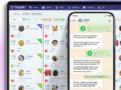 Tela da tecpet: a agenda do dia com os pets e, ao lado, a conversa em que a IA confirma o banho e oferece um adicional