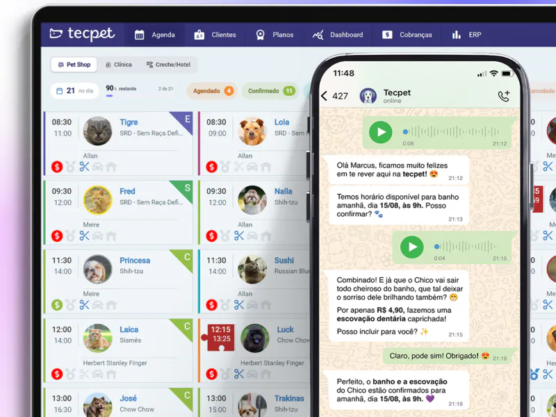 Tela da tecpet: a agenda do dia com os pets e os profissionais de cada horário, e ao lado a conversa no WhatsApp em que a IA confirma o banho e oferece escovação dentária